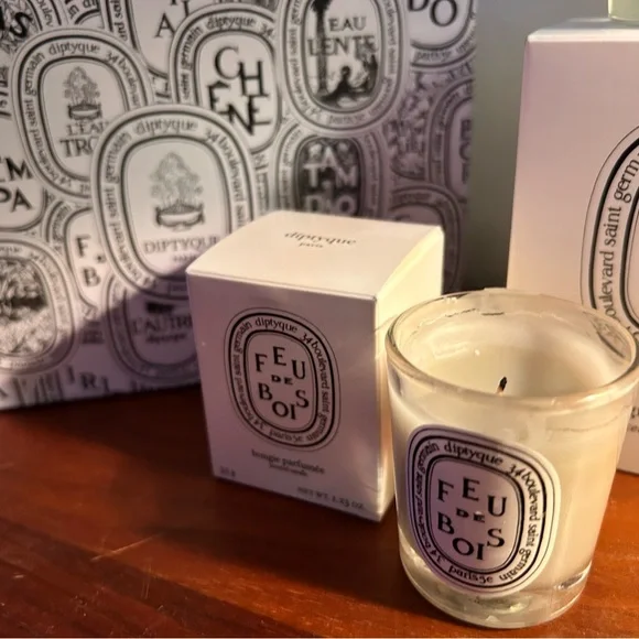 Diptyque bundle: 2 empty classic candle jars w box; partly used mini; gift box. - Picture 4 of 5